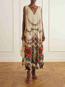 Elegant Abstract Print Ruched Maxi Dress