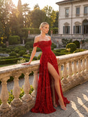 Glamorous Off-Shoulder Sequin Slit Maxi Dress