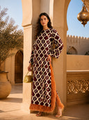 Exquisite Printed Feather-Trim Side-Slit Maxi Dress