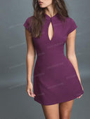 Elegant Mandarin Collar Keyhole Mini Dress