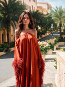Elegant Halter Cold Shoulder Feather Sleeve Kaftan Maxi Gown