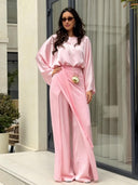 Elegant Satin Blouse & Draped Maxi Skirt Two-Piece Set
