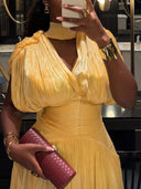 Elegant Pleated V-Neck Cape Sleeve Maxi Dress