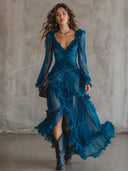 Elegant Ruffle Deep V-Neck Sheer Sleeve Maxi Dress