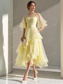 Elegant Emerald Green Sheer Ruffle Midi Dress