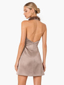 Elegant Feather-Trim High-Neck Satin Mini Dress