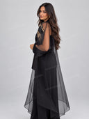 Sheer Embroidered Kimono Wide Leg Pants Three Piece Set