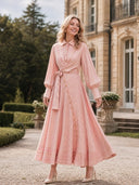 Pink Stripe Print Long Sleeve Waist Tie Maxi Shirt Dress