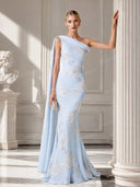 Elegant Floral Embroidered One-Shoulder Maxi Dress