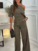 Elegant Asymmetric Top & Wide-Leg Pants Two-Piece Set