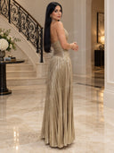 Elegant Metallic Halter Pleated Slit Maxi Dress