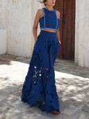 Elegant Floral Lace Cutout Crop Top & Skirt Two-Piece Set