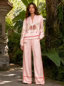 Exquisite Satin Horse Print Zip Jacket & Wide-Leg Pants Two-Piece Set