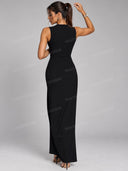 Elegant High Neck Belted Slit Maxi Dress