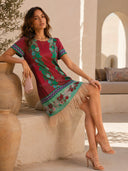 Retro Floral Print Feather-Hem Mini Dress