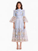 Retro Garden Print Flared Sleeve Midi Dress