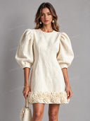 Elegant 3D Floral Hem Puff Sleeve Mini Dress