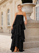 Elegant Three-layer Ruffle Sling Maxi Dress