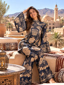 Retro Baroque Print High Neck Batwing Sleeve Two-Piece Set
