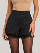 Elegant Lapel Blazer & Lace Trim Shorts Two Piece Set