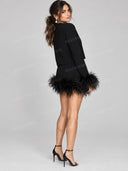 Elegant Feather Trim Cropped Jacket & Mini Skirt Set