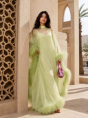 Elegant Feather Trim Sheer Chiffon Cape Maxi Dress