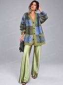 Casual Fuzzy Plaid Cardigan & Satin Wide Leg Pants Two Piece Set