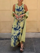 Retro Tie Dye Satin Sleeveless Maxi Dress Two Piece Set
