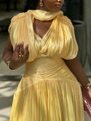 Elegant Pleated V-Neck Cape Sleeve Maxi Dress
