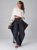 Casual Draped Top & Sculptural Wide Leg Jeans Set