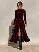 Retro Velvet High Neck Button Front Maxi Dress