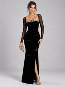 Elegant Rhinestone Trim Velvet Slit Maxi Dress