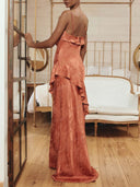 Elegant Satin Ruffle Trim Strapless Maxi Dress