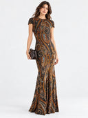 Retro Paisley Print Short Sleeve Mermaid Maxi Dress