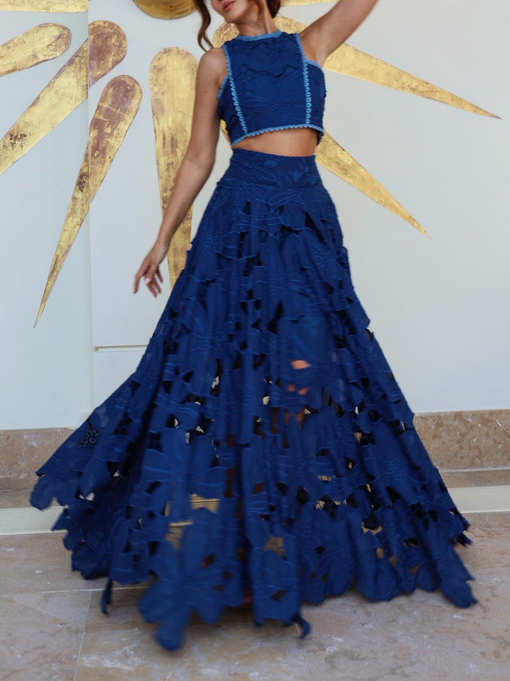 Elegant Floral Lace Cutout Crop Top & Skirt Two-Piece Set