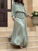 Elegant Chiffon Mock Neck Top & Flowy Maxi Skirt Two-Piece Set