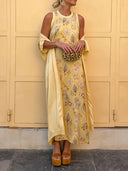 Elegant Botanical Print Sleeveless Midi Dress Two-Piece Set