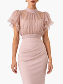 Elegant Sheer Chiffon Ruffle Sleeve Top & Ruched Midi Skirt Two-Piece Set