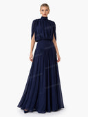 Elegant High Neck Pleated Cape Sleeve Maxi Dress