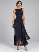 Elegant Ruched Waist Fringe Trim Maxi Dress