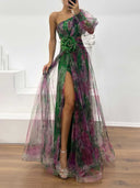 Elegant Floral Print Ruched One-Shoulder Sheer Maxi Dress