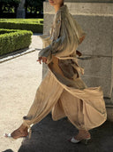 Belted Trench Coat & Wide Leg Pants Two Piece Set