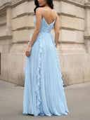 Elegant Spaghetti-Strap Ruffled Pleated Chiffon Maxi Dress