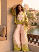 Exquisite Floral Feather Trim Crop Top & Wide Leg Pants Two-Piece Set