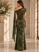 Floral Jacquard Velvet One Shoulder Ruched Maxi Dress