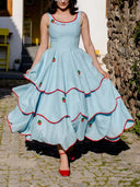 Exquisite Strawberry Embroidered Tiered Midi Dress