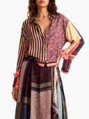 Retro Patchwork Print Shirt & Midi Skirt Two-Piece Set