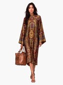 Retro Paisley Print Round Neck Flared Sleeve Midi Dress