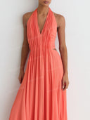 Elegant Halter Neck Pleated Cutout Maxi Dress