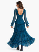 Elegant Ruffle Deep V-Neck Sheer Sleeve Maxi Dress